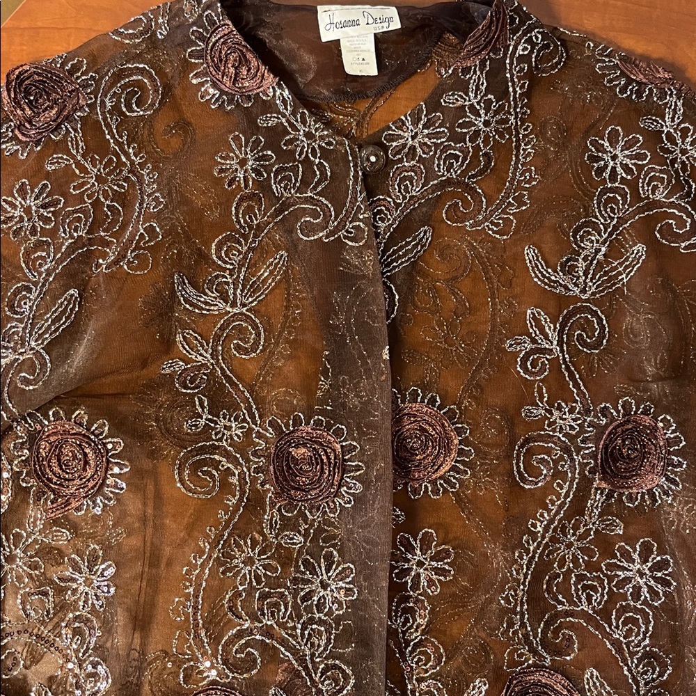 Silver & Brown Shaw Wrap Shrug Cape Embroidered Sheer Fancy Gorgeous